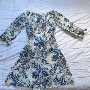 Valentina Naldi Linen Blue Floral Off-Shoulder Dress